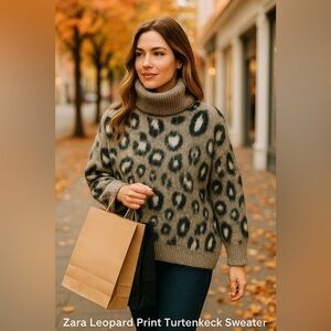 EUC Zara Oversized Mohair Leopard Cowl Neck Sweater - Gray and Black Sz Medium